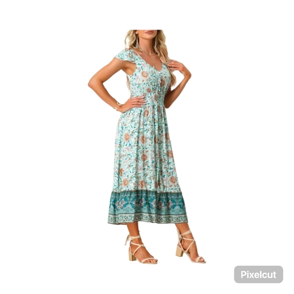 NWOT Allegra K Floral Midi Dress in Blue and Green Size XL - Picture 3 of 10